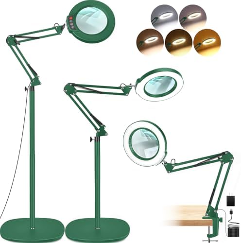 LANCOSC 15X Magnifying Glass with Light and Stand, 3-in-1 Adjustable Swing Floor Lamp, 5 Color Modes Stepless Dimmable, LED Lighted Hands Free Magnifier & Clamp for Reading, Crafts, Painting - Green