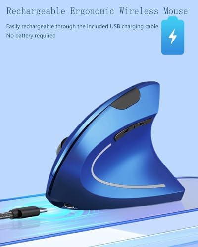 Ergonomic Mouse Wireless, Rechargeable Mouse Silent for Carpal Tunnel Right Hand, 2.4GHz USB Vertical Mouse Wireless for Laptop etc, 3 Adjustable 800/1200/1600 DPI, Blue