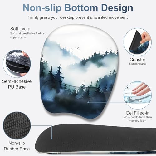 Large Mouse Pad, Keyboard Wrist Rest Set, Ergonomic Mouse Pad with Wrist Support, Desk Mat with Stitched Edges + Coaster, Extended Desk Pad Waterproof Desk Mat for Home Office Game I Misty Forest