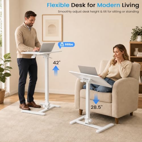 25" Mobile Folding Desk, Pneumatic No-Assembly Standing Desk, White