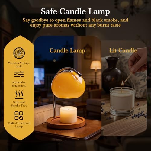 Topyond Aroma Wax Melting Lamp, Retro Wood Glass Candle Warmer，Yellow