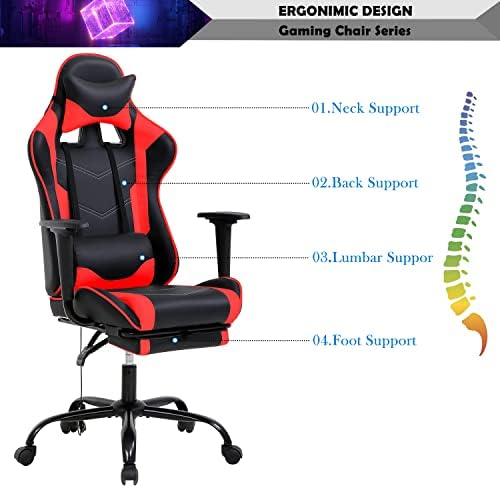 Red Gaming Chair with Footrest, PU Leather Gaming Chairs for Adults, High Back Comfy Office Chair Ergonomic Desk Chair Computer Chair, Reclining Gamer Chair, Height & Backrest Adjustable, 300 Lbs