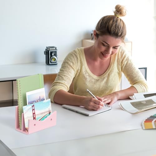 Mail Organizer Envelope Holder - 2 Compartments Pink Acrylic Mail Holder Countertop Vertical Desk Organizer Small File Bill Document Notebook Letter Sorter for Home School Office Supplies
