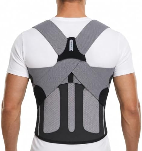 Posture Corrector for Men, Adjustable Upper Back Brace with Breathable Mesh Back, 4 Flexible Support Stays & Underarm Fit Adjustment, Back Straightener Helps Reduce Slouching Strain for Desk Work, Sitting, Reading & Posture Training
