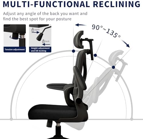 Ergonomic Office Chair - Desk Chair with Adjustable Headrest Lumbar Support Computer Chair - Mesh Comfy Chair with Flip-up Armrests - Gaming Chairs for Adults Home Office (Black+Black)