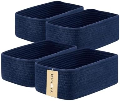 MiniArk Small Storage Baskets for Organizing | Closet Organizer Bins | Shelf Toy Basket | Woven Rope Baskets | Cube Decorative Box | Shallow Basket | 11.5x7.5x4.7” | 4 Packs Navy Blue