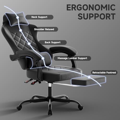 Gaming Chair with Footrest, Ergonomic Leather Computer Chair with Lumbar Support, Height Adjustable High Back Swivel Office Chair for Adults, Gamer Chair for Gaming, Working,Black