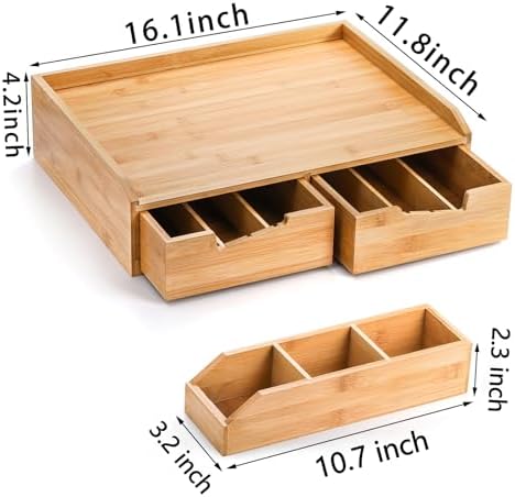 SOUJOY Bamboo 2 Drawer Coffee Pod Organizer with Side Box for K Cup Tea Bag