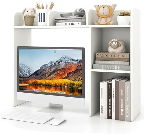 GIANTEX Desktop Bookshelf, Wood Desk Hutch Organizer for 27 Inch Computer Monitor, Countertop Storage Display Rack with 5 Shelves, Multipurpose Desktop Shelf Bookcase for Dorm Office Home, White