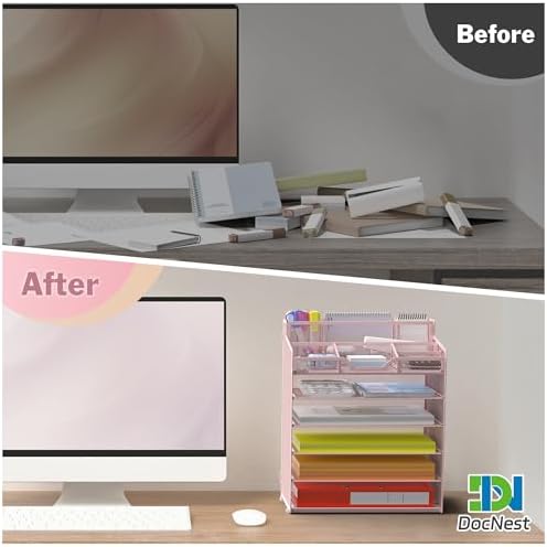 Docnest 6 Tier Mesh Desk Organizer with Letter Tray & Paper Sorter, Pink