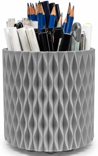 Lebenrich Rotating Pen Pencil Holder for Desk, 5 Slots Unique Grey Desk Pen Organizer Easthetic Desktop Supplies and Accessories for Women Girls, Pen Cup Pencil Caddy for Office Home Art Supply