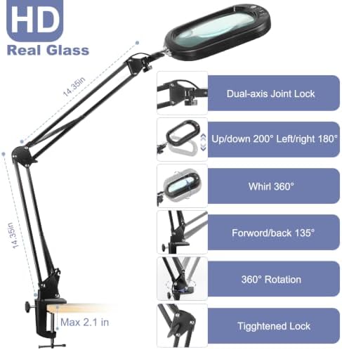 30X 10X Large Magnifying Glass with Light and Clamp, Real Glass, 5 Color Modes, Stepless Dimmable, Lighted Magnifier with Stand Hands Free, LED Swing Arm Desk Lamp for Close Work, Craft, Painting