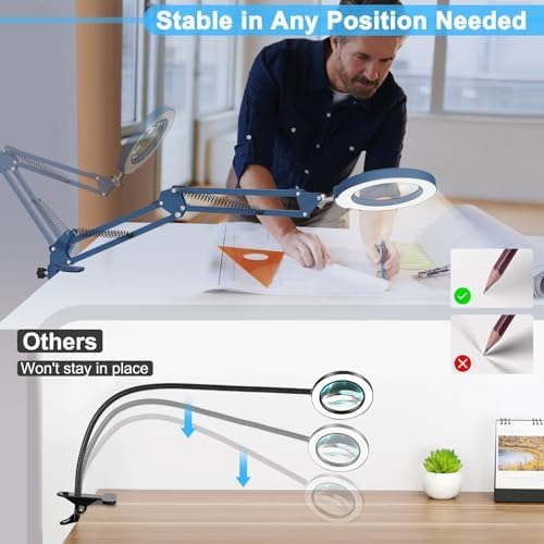 10X Magnifying Glass with Light and Clamp, Real Glass Stand Lighted Magnifier, 5 Color Modes Stepless Dimmable LED Desk Lamp Hands Free for Crafts Hobby Reading Painting Sewing Close Work - Blue