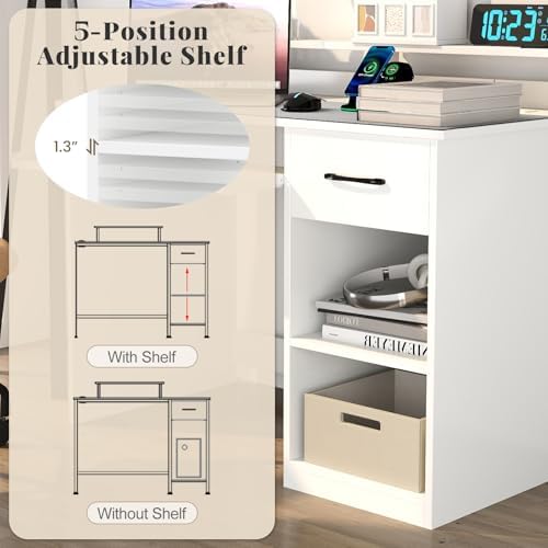 GIANTEX White Desk with Drawers, Modern Home Office Desk with Keyboard Tray, Monitor Stand & Adjustable Shelf, PC Laptop Table Computer Workstation, Study Writing Desk for Small Spaces, Bedroom