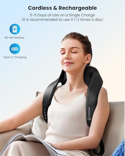 COMFIER Shiatsu Neck Massager with Heat - Cordless 4D Neck and Shoulder Massager for Pain Relief Deep Tissue, Graphene Heating, Trapezius Muscle Relaxer Massage Pillow,Ink Black