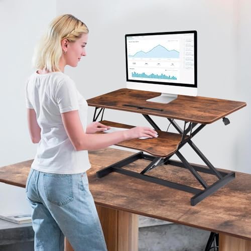 38" Desk Converter, Height Adjustable Sit to Stand Riser, 2 Monitor and Laptop Workstation with Wide Keyboard Tray, Stand Up Home Office Workstation - Rising Desk with Spring Loaded Lift, Tiger Brown