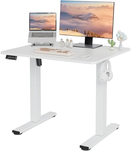 LongKe Electric Standing Desk Adjustable Height, 32x20 Inches Sit Stand up Desktop for Home Office, Ergonomic Rising Computer Table with Memory Preset, White
