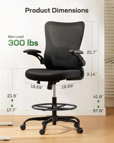 Marsail Drafting Chair, Tall Office Chair with 2D Lumbar Support, Standing Desk Chair with Padded Flip-Up Armrests & Adjustable Footrest Ring, Black,Pack of 3