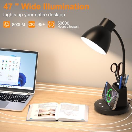 10W Wireless Charging LED Desk Lamp with Pen Holder, CRI 95, Black