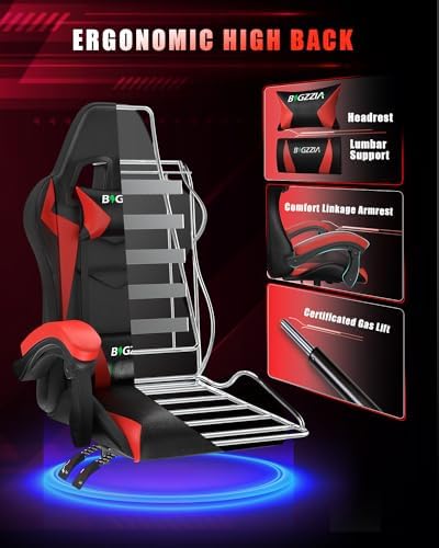 Bigzzia Gaming Chair with RGB LED Lights for Kids & Adults, High Back Ergonomic Computer Gamer Chair with Headrest and Lumbar Support, Racing Style Reclining Game Chair (Black/Red)