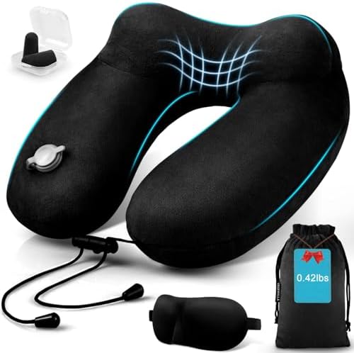 Inflatable Travel Neck Pillow for Airplanes, Super Soft Velvet Neck Support, Adjustable Firmness, Blow Up Plane Pillow for Long Flights, Road Trips, Travel Essentials with Eye Mask, Earplug