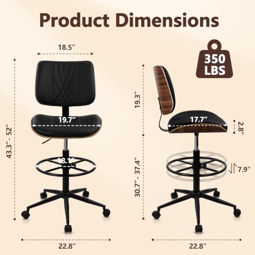 CLATINA Drafting Chair for Standing Desk, PU Leather Armless Tall Office Chairs with Adjustable Footrest Ring, Extended Height Ergonomic High Swivel Computer Chair with Bend Wood Backrest, Black, 2PK
