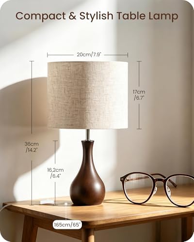 Small Table Lamp, 14.2" Cute Little Desk Lamp, Wood Bedside Lamp with Linen Lampshade, Modern Nightstand Lamp for Bedroom, E26 Base, Bulb Not Included, Beige & Dark Walnut STE09TL05