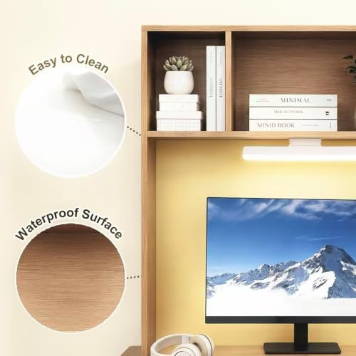 3 Tier Desktop Bookshelf with Rechargeable Eye-Friendly LED Desk Light, Desk Hutch Organizer with 5 Shelves, Wooden Desk Bookshelf for Office, Dorm and Small Space, Burlywood