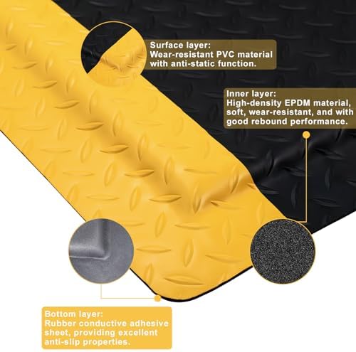 Anti Fatigue Mats Industrial 3 x 5 Ft, 15/16'' Thick Ergonomic Standing Floor Mat Heavy Duty Commercial Diamond Plate Vinyl Non Slip Safety Ergonomic Standing Garage Mat
