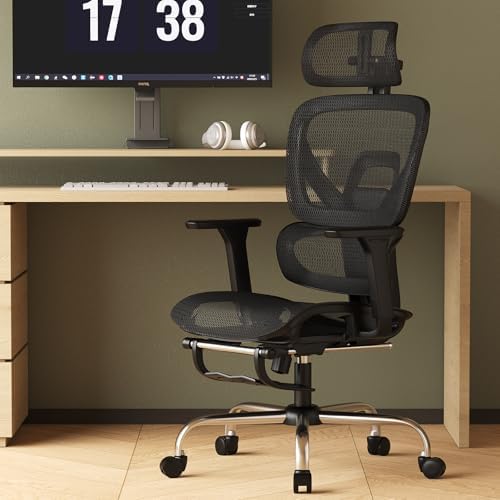 Synorla Ergonomic Office Chair with Footrest, Mesh Desk Chair with 135° Recline, Adjustable Lumbar Support, 3D Armrests and Headrest, Swivel Computer Chair for Home Office
