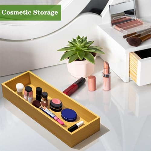guiogc Bamboo Drawer Silverware Organizer, Silverware Tray, Flatware Organizer, Bamboo Storage Box Suitable for Office, Bathroom and other objects storage (9.85"x3.55"x1.78"- Set of 2)