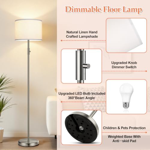 Floor Lamp Simple Design with White Shade, Small Tall Lamps for Living Room Bedroom Office Dining Room Kitchen, Sliver Pole Lamp-Sliver
