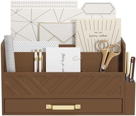 Bamboo Mail Organizer Countertop Pen Holder Wooden Desktop Storage Drawers