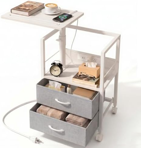 Faesun Night Stand with Charging Station & Swivel Top, White Gray