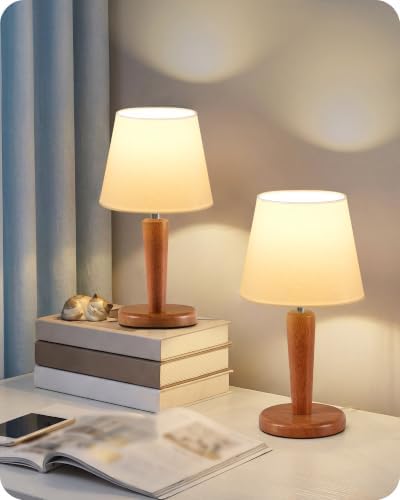 12" Wood Bedside Table Lamps Set of 2, Small Desk Lamps for Small Places, 3 Color Temperatures with Memory, White Linen Shade & E26 Bulbs, for Bedroom Living Room Office LW13TLP205