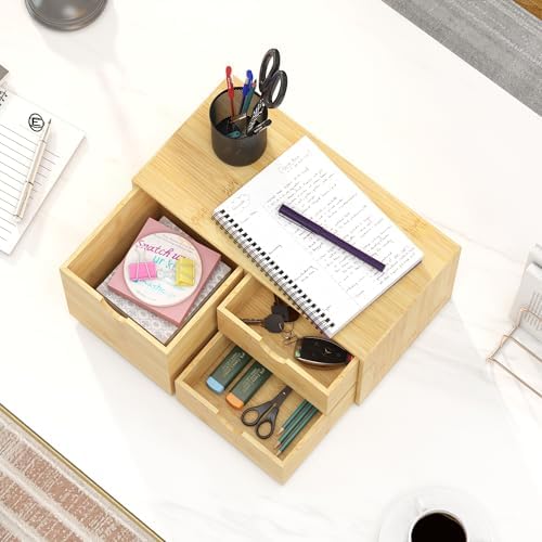 Bamboo Desk Organizer with Drawers, Desktop Storage Box for Office Supplies