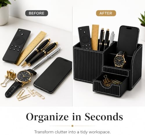 KINGFOM Executive Leather Desk Organizer with Drawer, Modern Black Desk Accessories for Men, Premium Office Desk Organizer with Pen Holder & Storage Compartments for Home Office