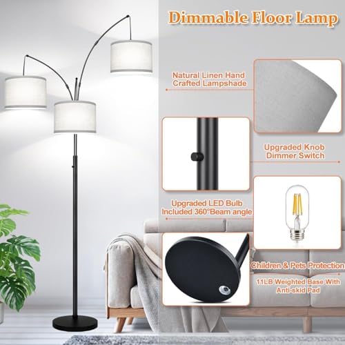 Dimmable Floor Lamp, 3 Lights Black Arc Floor Lamp, Modern Tall Standing Tree Lamp with Grey Linen Shades & Heavy Base, 3000LM LED Bulbs, Bright Lighting for Living Room, Bedroom, Office & Reading