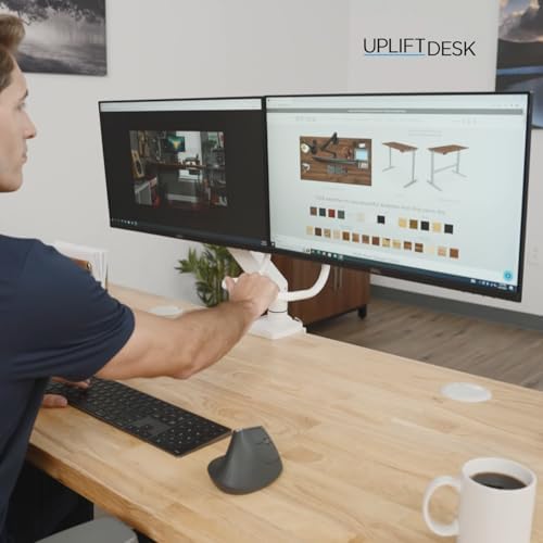 UPLIFT DESK Crestview Align Dual Monitor Arm - Gas Spring Monitor Mount with Adjustment Handle & USB Ports, 13-32” Inch Displays, VESA Compatible, Clamp or Grommet Mounting, Fits Standing (White)
