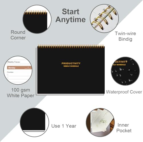 Weekly Productivity Planner - 8" x 11" Dashboard Desk Pad/Planner, Habit Tracker, Spiral Undated Weekly Planner for Office/School/Home, 54 Weeks, Black