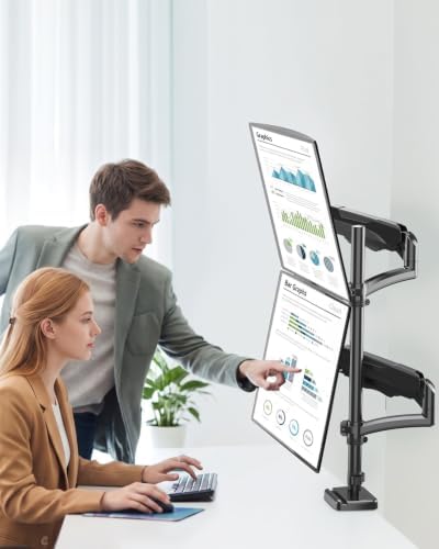 Vertical Dual Monitor Mount Fit up to 32", Stacked Monitor Stand for 2 Computer Screens, Gas Spring Full Motion Adjustable Tall Display Desk Mount, Each Arm Holds up to 17.6lbs, VESA Mount