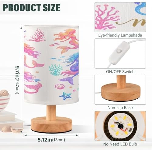 ALAZA Mermaid Coral Reef Seashorse Starfish Decor Bedside Table Lamp with USB Port for Bedroom Nightstand Office Desk LED Bulb Included