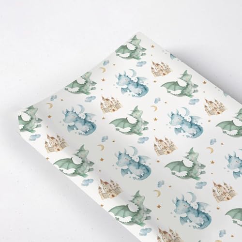 Cute Watercolor Dragon Castle Pattern Baby Changing Pad Cover, Unisex Dragon Moon Star Cloud Nursery Diaper Changing Table Pad Mat Sheet for Boys Girls-16x32
