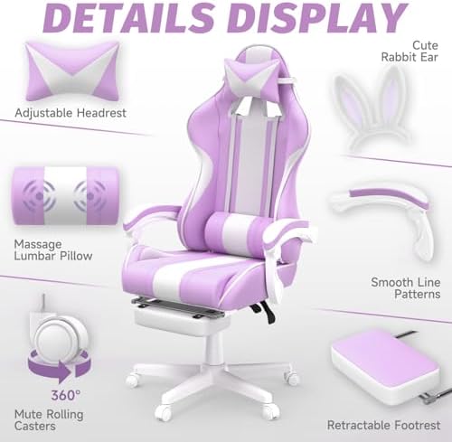 Ferghana Kawaii Light Purple Gaming Chair with Bunny Ears, Ergonomic Cute Gamer Chair with Footrest and Massage, Racing Reclining Leather Office Computer Game Chair for Girls Adults Teens Kids