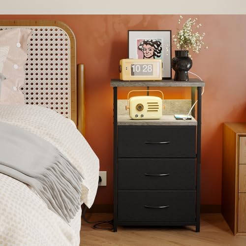 Fixwal Night Stand with 3 Fabric Drawers, Nightstand with Charging Station