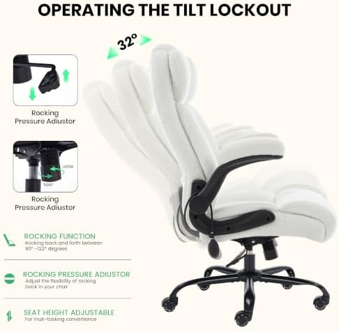 500lbs Big and Tall Office Chair Adjustable Lumbar Support for Back Pain, Extra Wide Seat Executive Office Chair Thick Armrest Pad, Heavy Duty Base&Upgraded Wheels, Ergonomic Desk Chair (Cloud White)