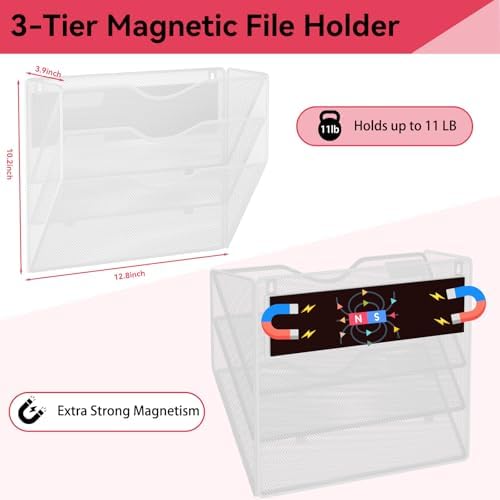 3-Tier Magnetic File Holder, No Drilling Wall File Organizer, File Folder Bins, Mail & Magazine Rack, Magnetic Paper Document Holder for Refrigerator File Cabinets Whiteboard, White