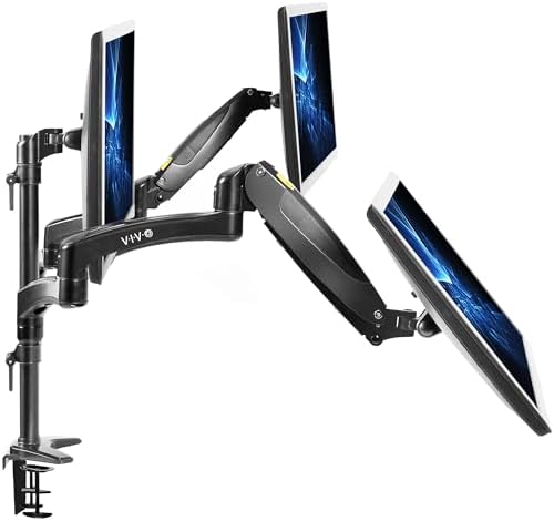 VIVO Triple Pneumatic Monitor Mount for 3 Screens up to 32 inches, Fully Adjustable, Heavy Duty Desk Stand with C-Clamp, Black, STAND-V300G