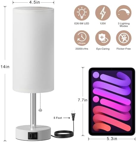 White Bedside Table Lamp for Bedroom - Small Nightstand Lamp for Girls