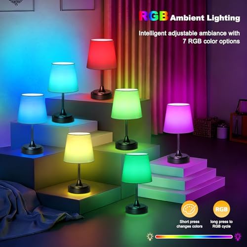 Wowag Small Cordless Table Lamp Rechargeable,5000mAh Battery Operated Desk Lamp,3 Colors & 7 RGB Stepless Dimmable,Touch Ambient Light for Bedside,Bedroom,Dining Room,Living Room,Black,WhiteShade